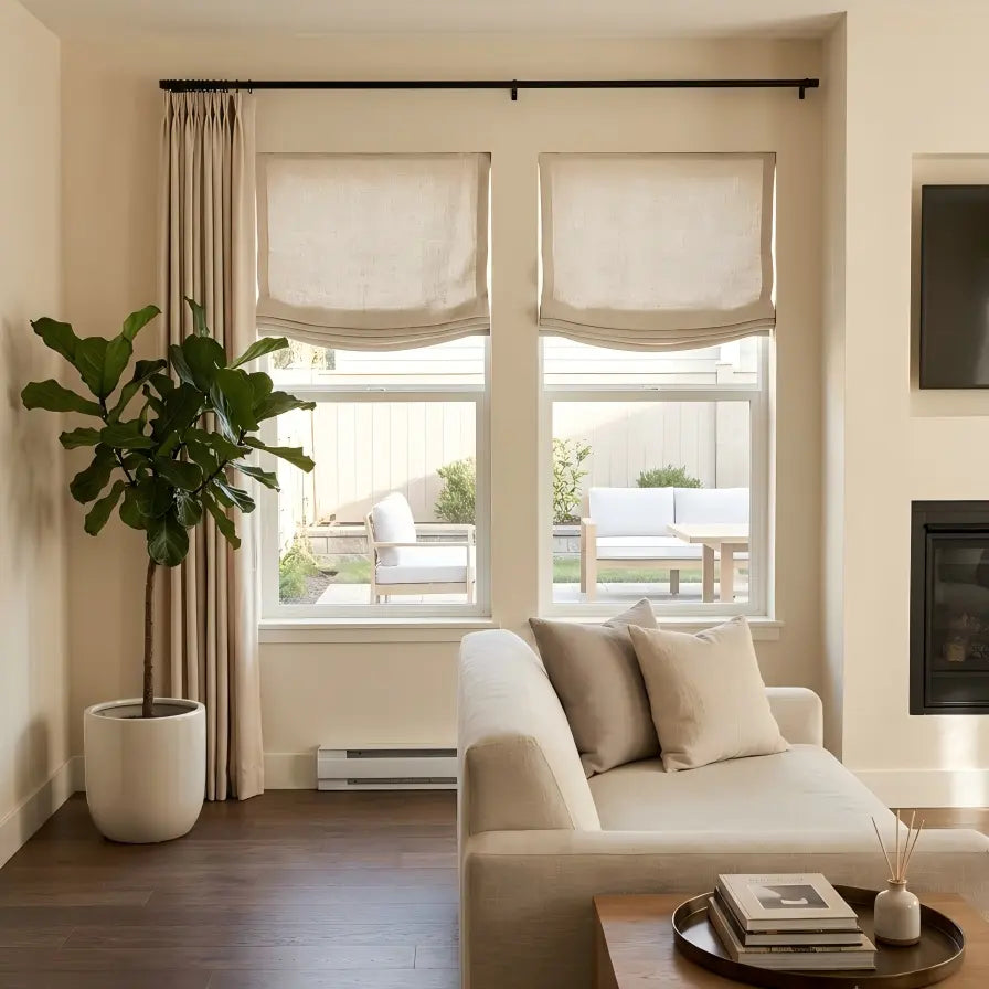 A living room with oatmeal color roman shades