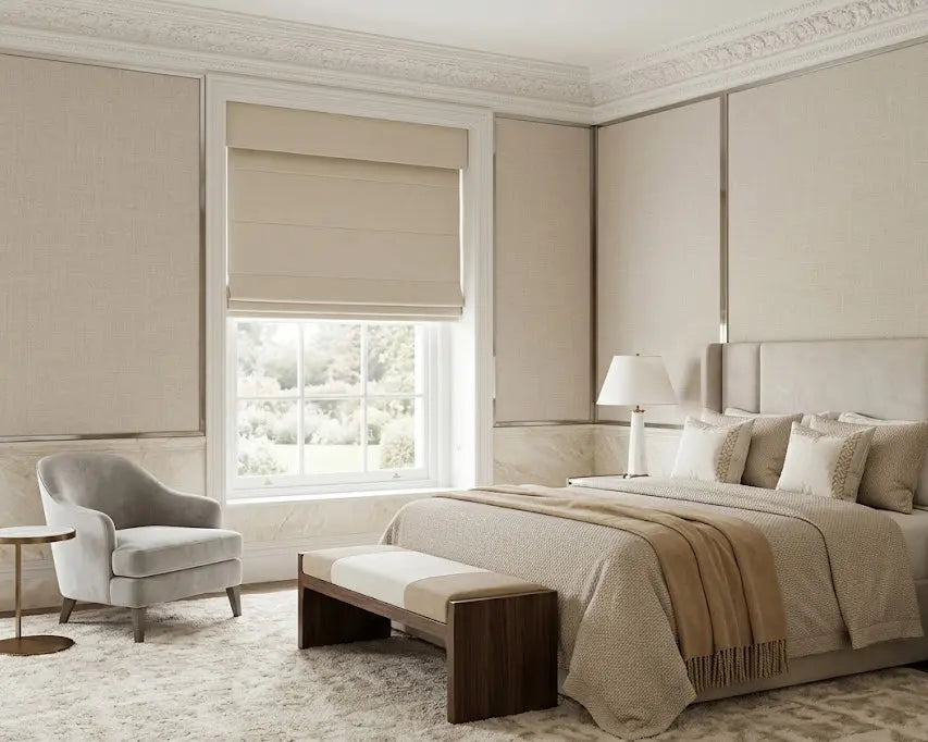 a bedroom with blackout shades