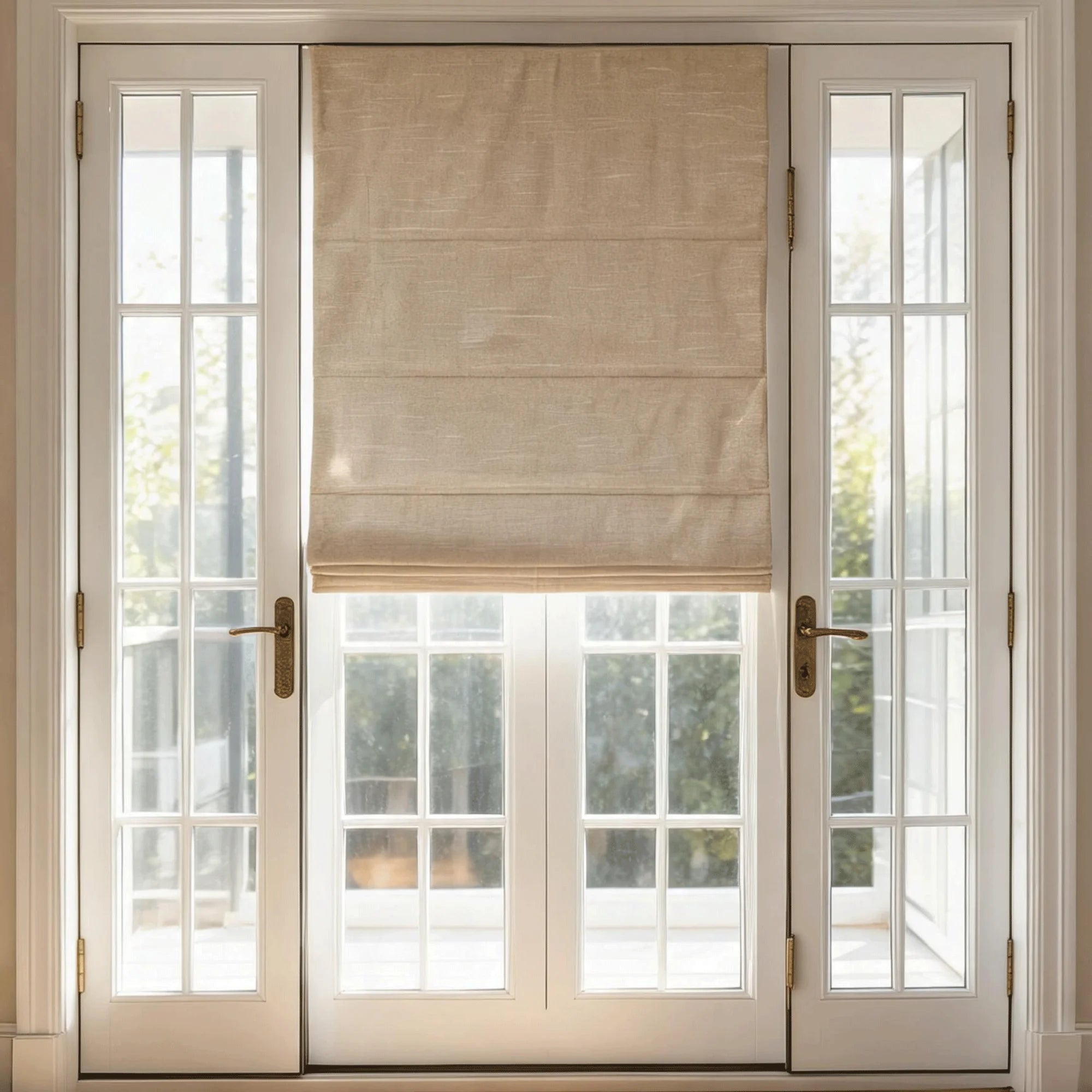 View Tailor Jasmine Blackout Cordless Natural Linen Roman Shade & Blinds for French Door