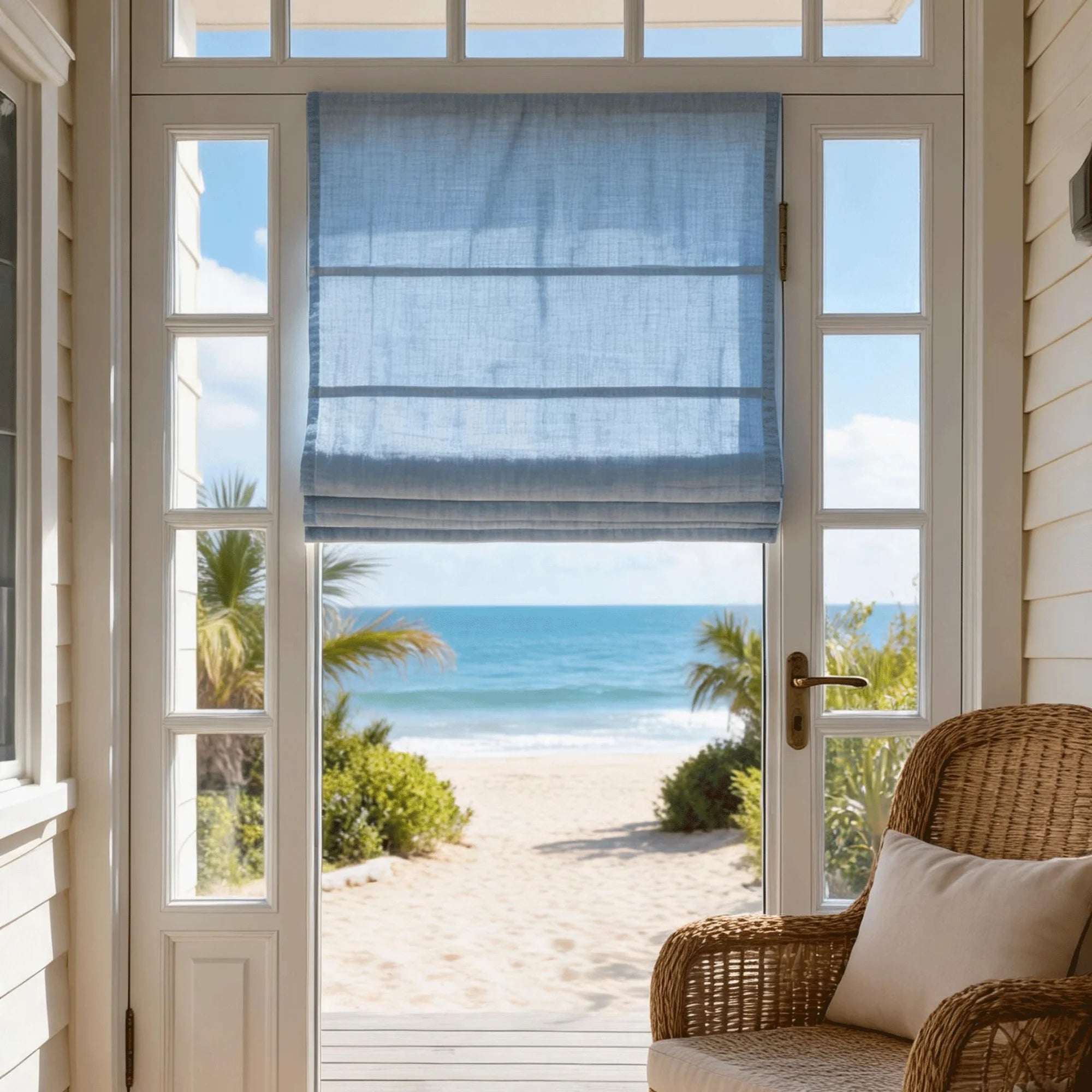 View Tailor Kyla Blackout Cordless Natural Linen Roman Shade & Blinds for French Door
