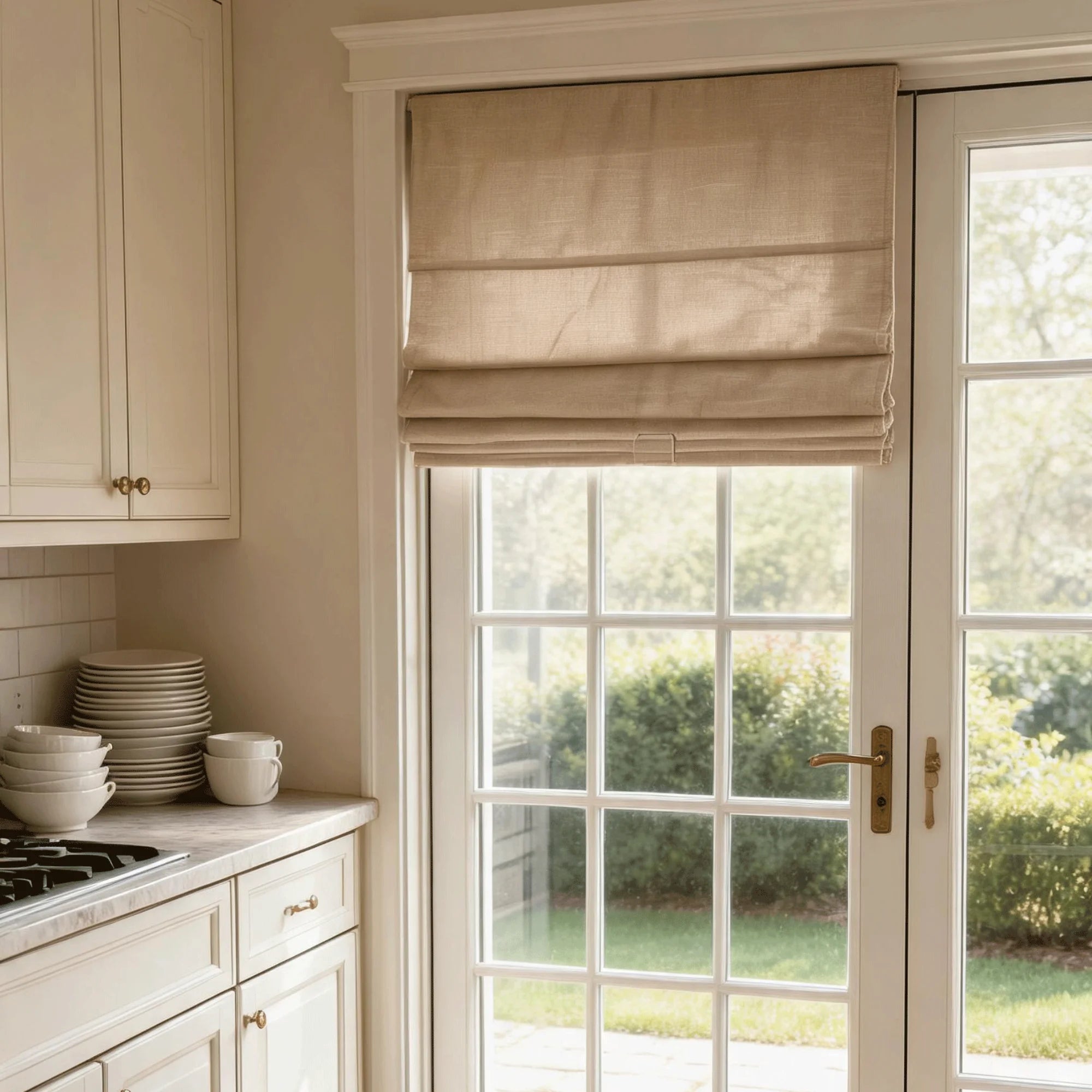 View Tailor Lemon Blackout Cordless Natural Linen Roman Shade & Blinds for French Door