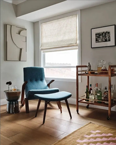 View Tailor Bluebell Custom Belgian Linen Blackout Roman Shade Flat Fold
