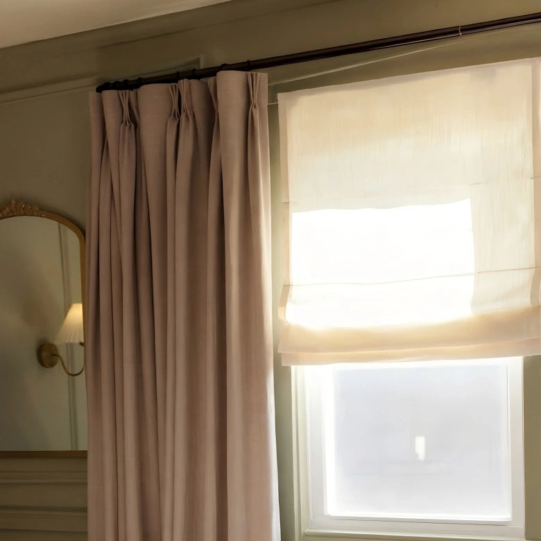 Bluebell Custom Blackout  Belgian Linen Roman Shade Flat Fold View Tailor