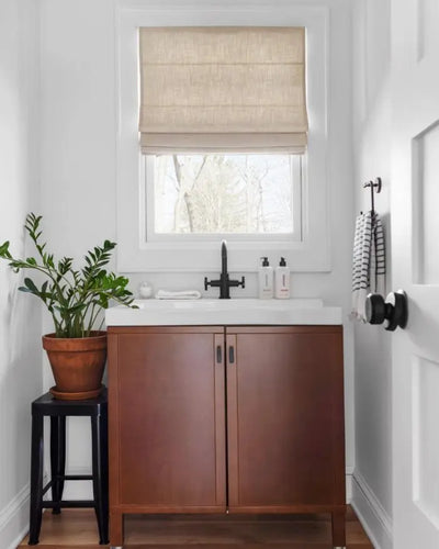 View Tailor Kyla Custom Flax Linen Blackout Roman Shade Flat Fold