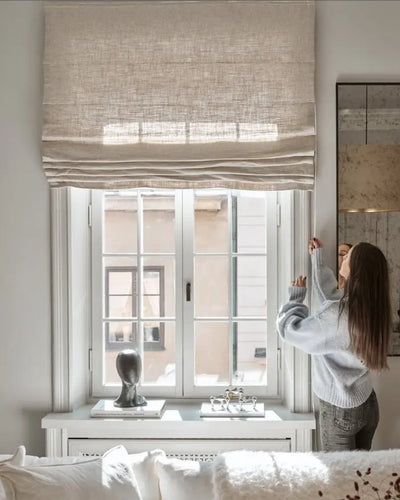 View Tailor Bluebell Custom Belgian Linen Motorization Roman Shade Flat Fold