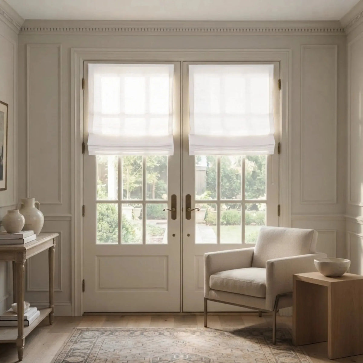 View Tailor Bluebell Custom Natural Linen Blackout Cordless Roman Shade French Door White B-1