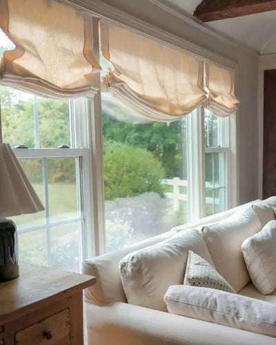 View Tailor Bluebell Custom Linen Alum-Headrail Blackout Cordless Roman Shade Relaxed Fold