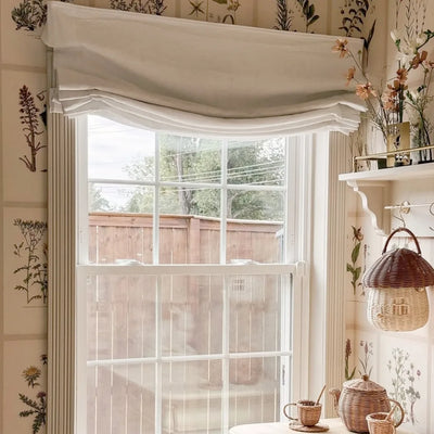Custom Wooden-Headrail Bluebell Blackout No Drill Linen Roman Shade Relaxed Fold View Tailor