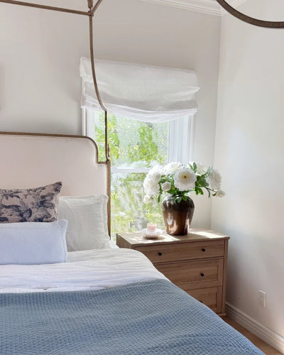 Custom Alum-Headrail Bluebell Blackout No Drill Linen Roman Shade Relaxed Fold View Tailor