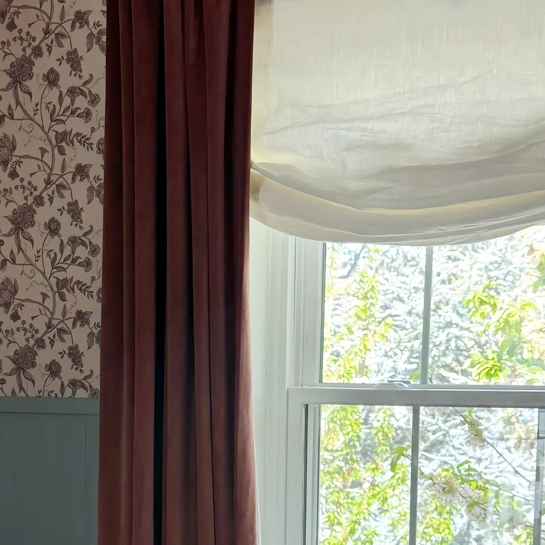 Custom Alum-Headrail Bluebell Blackout No Drill Linen Roman Shade Relaxed Fold View Tailor