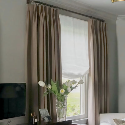 Custom Alum-Headrail Bluebell Blackout No Drill Linen Roman Shade Relaxed Fold View Tailor
