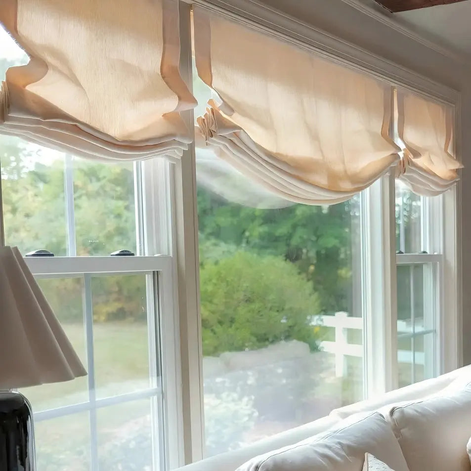 View Tailor Vigor Custom Linen Blackout Cordless Textured Roman Shade Relaxed Fold