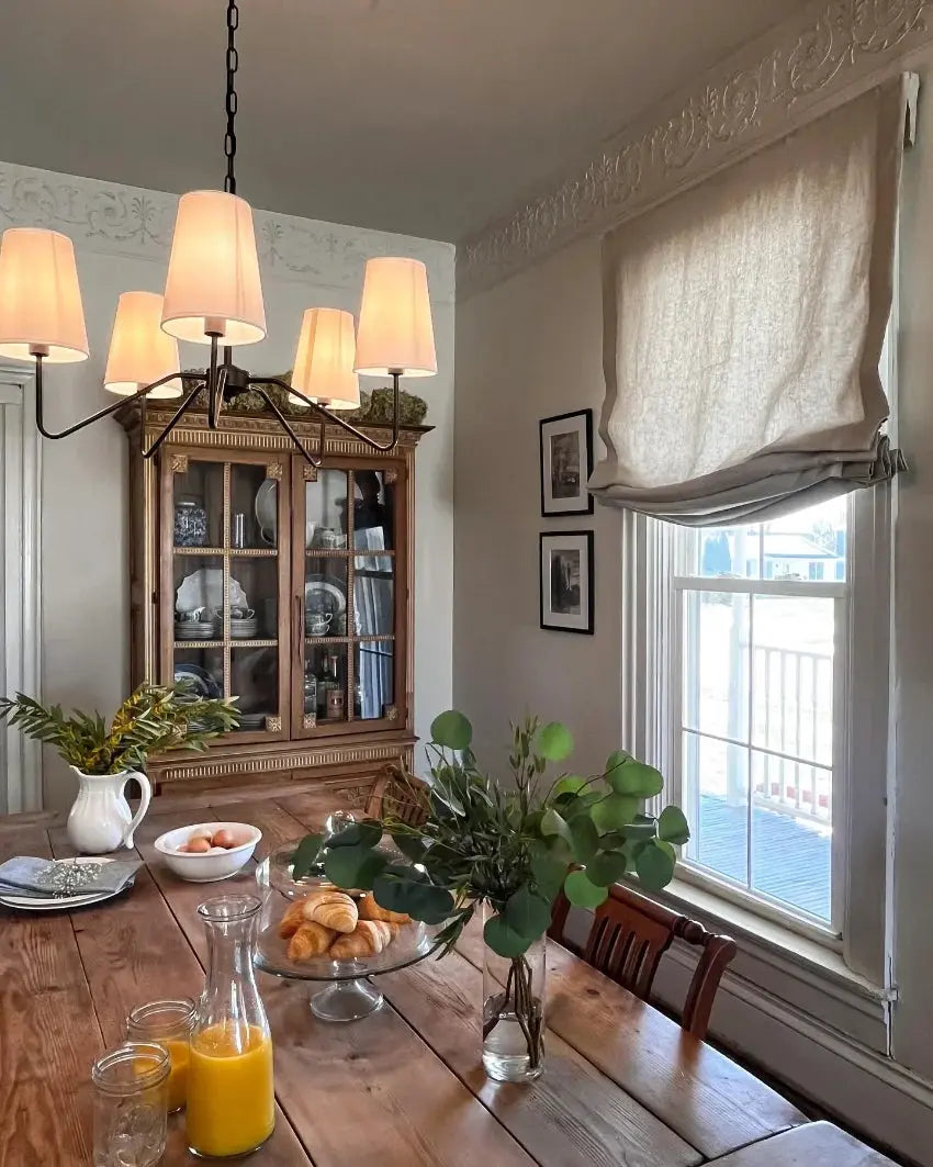 View Tailor Bluebell Custom Linen Wooden-Headrail Blackout Cordless Roman Shade Relaxed Fold