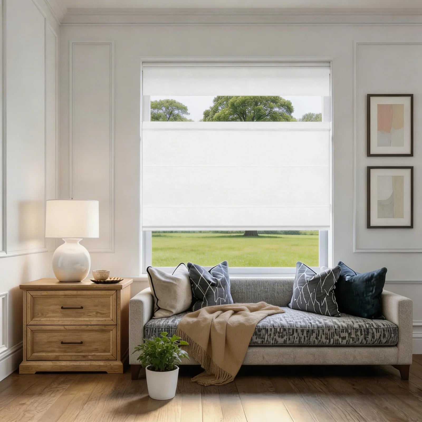 Bluebell Blackout Cordless Belgian Linen Roman Shade Top-Down Up