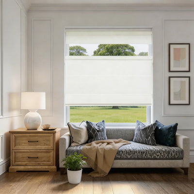 Bluebell Blackout Cordless Belgian Linen Roman Shade Top-Down Up