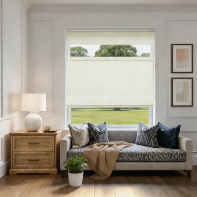 Bluebell Blackout Cordless Belgian Linen Roman Shade Top-Down Up
