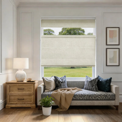 Bluebell Blackout Cordless Belgian Linen Roman Shade Top-Down Up