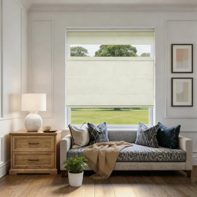 Bluebell Blackout Cordless Belgian Linen Roman Shade Top-Down Up