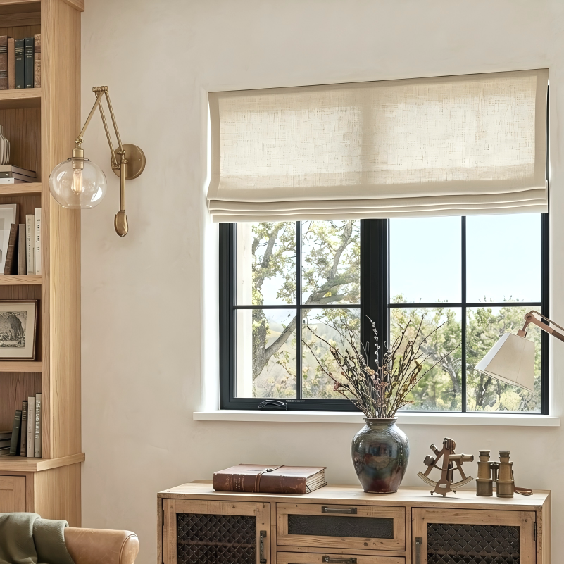View Tailor Breeze Blackout Linen Blend Roman Shade Flat Fold