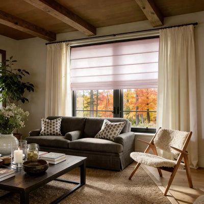 View Tailor Breeze Custom Linen Blend Blackout Thermal Roman Shade Soft Fold Pink BR84-17