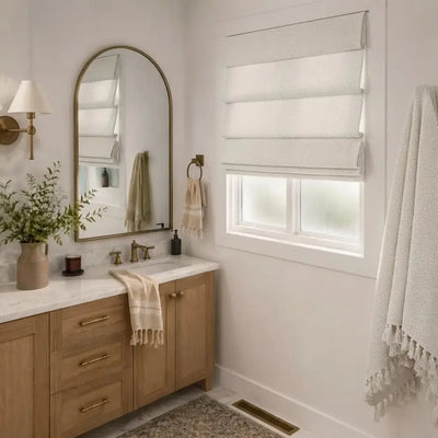 View Tailor Vigor Custom Linen Blackout Thermal Textured Roman Shade Soft Fold