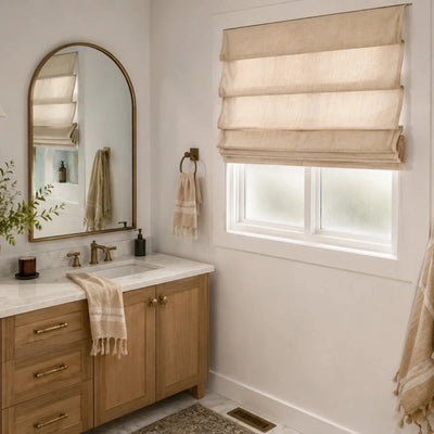 View Tailor Vigor Custom Linen Blackout Thermal Textured Roman Shade Soft Fold