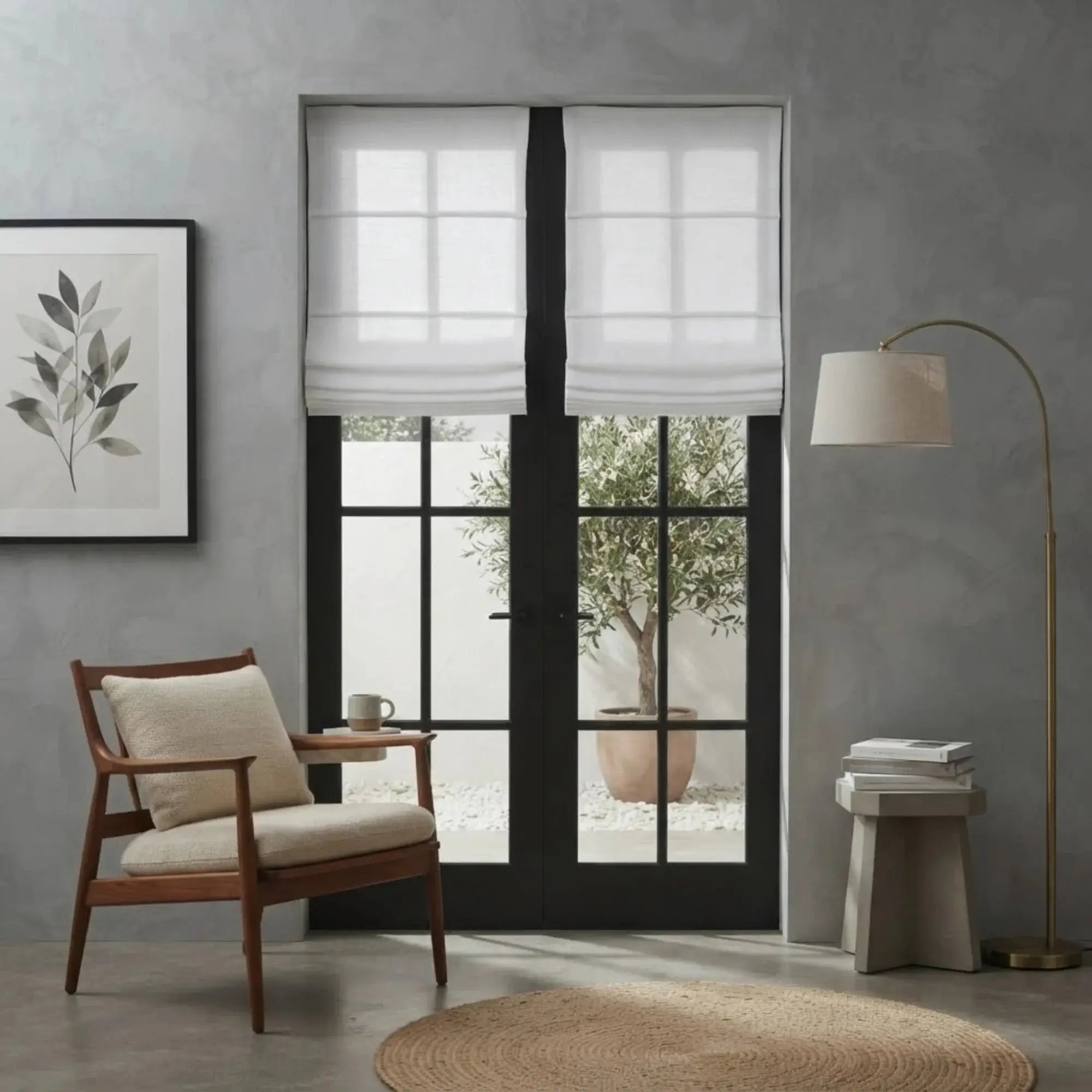 View Tailor Jasmine Blackout Cordless Natural Linen Roman Shade & Blinds for French Door White J401-1