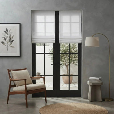 View Tailor Jasmine Blackout Cordless Natural Linen Roman Shade & Blinds for French Door White J401-1