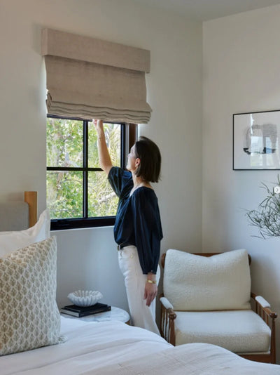 Jasmine Cordless Natural Linen Roman Shade Flat Fold View Tailor