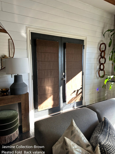 View Tailor Vigor Custom Natural Linen Blackout Cordless Roman Shade French Door