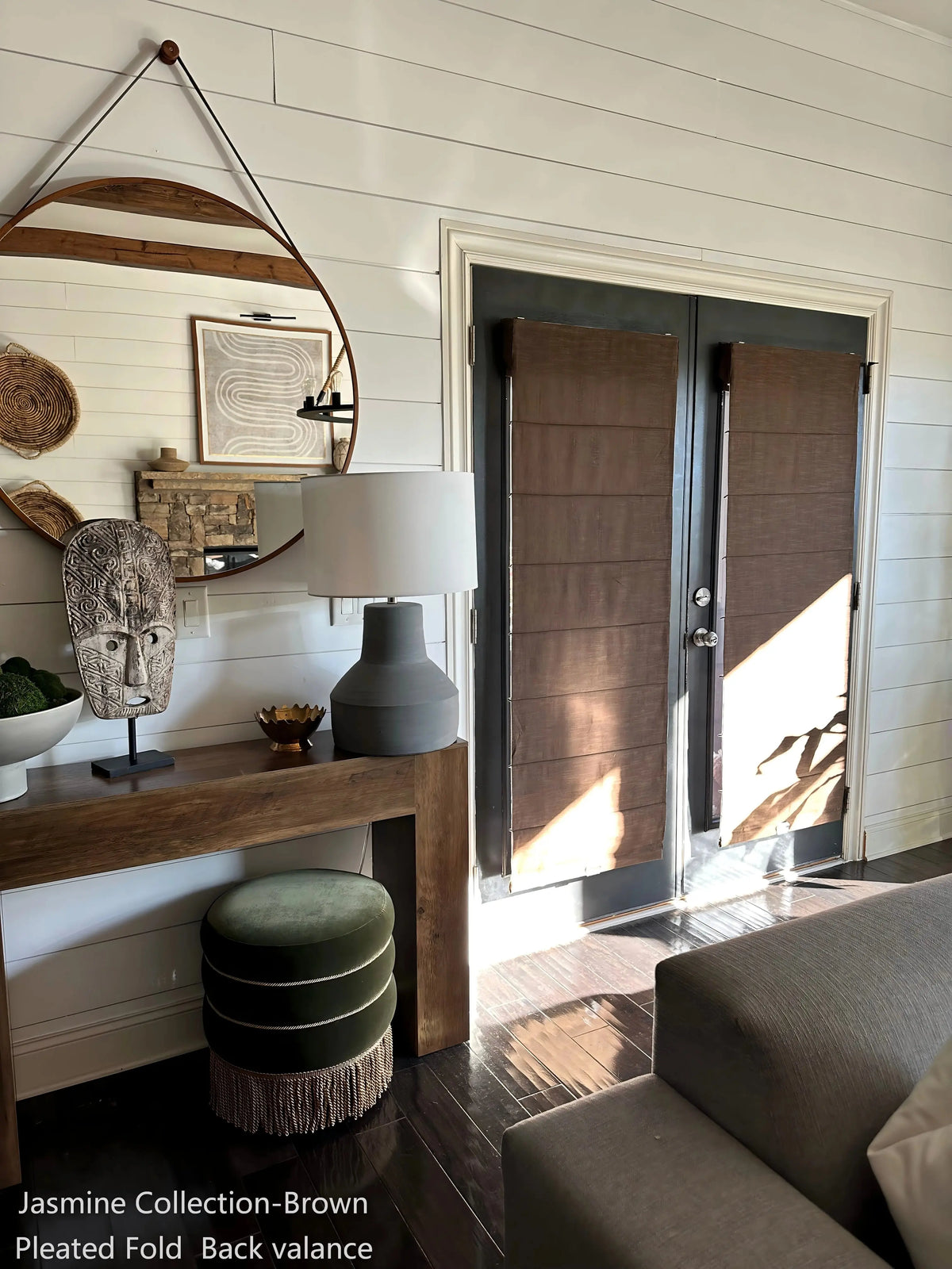 View Tailor Vigor Custom Natural Linen Blackout Cordless Roman Shade French Door