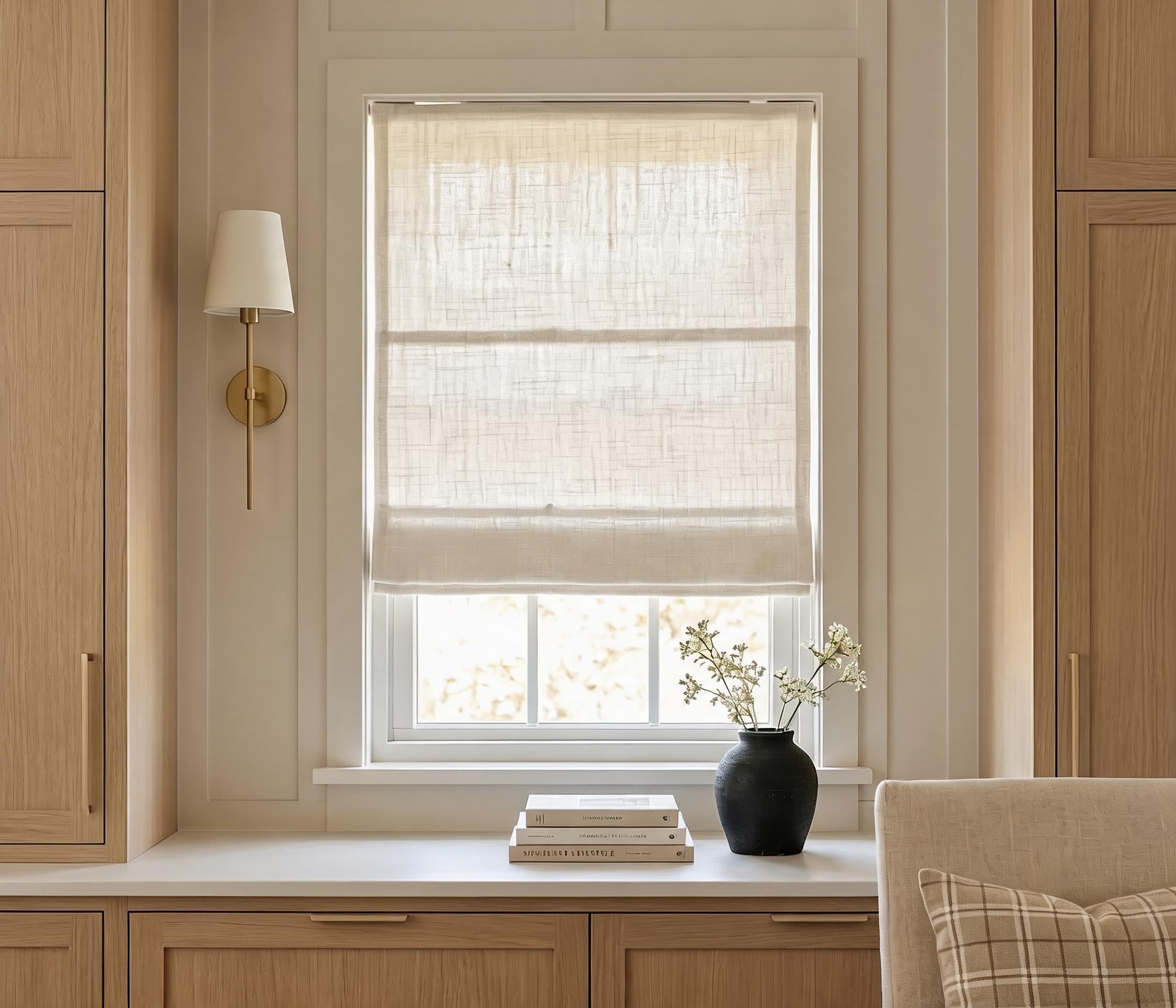 View Tailor Jasmine Blackout No Drill Natural Linen Roman Shade Plain Fold