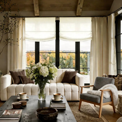 View Tailor Jasmine Custom Natural Linen Cordless Roman Shade Relaxed Fold Ivory Beige J401-2