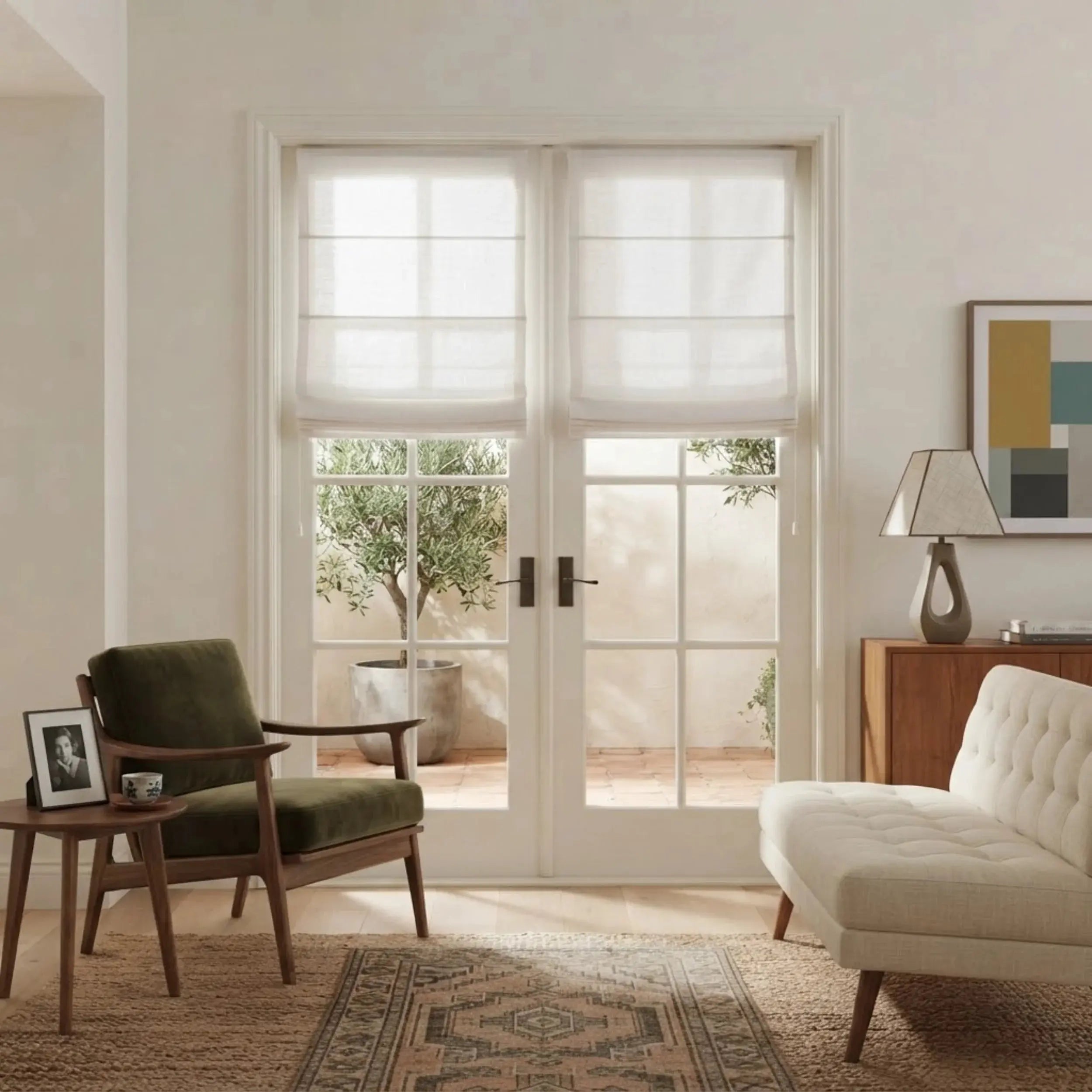 Kyla Blackout Cordless Natural Linen Roman Shade & Blinds for French Door View Tailor