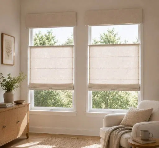 View Tailor Vigor Custom Linen Blackout Cordless Textured Roman Shade Top Down Bottom Up