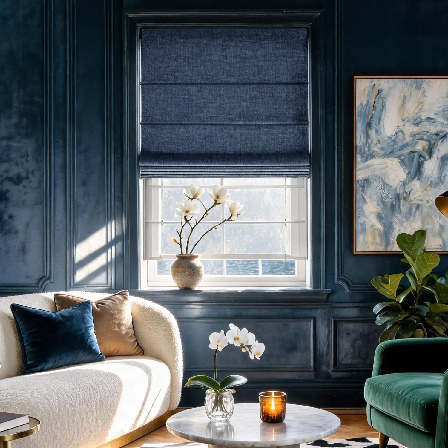 View Tailor Lemon Blackout Soundproof Poly-Linen Roman Shade Day & Night Navy Blue 1908-36