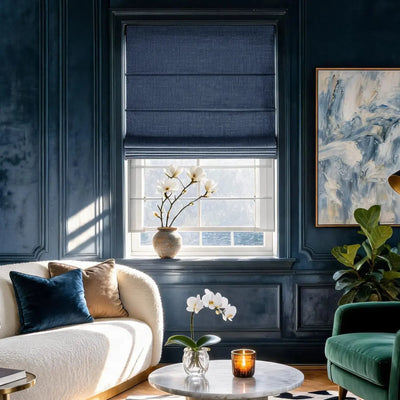 View Tailor Lemon Blackout Soundproof Poly-Linen Roman Shade Day & Night Navy Blue 1908-36