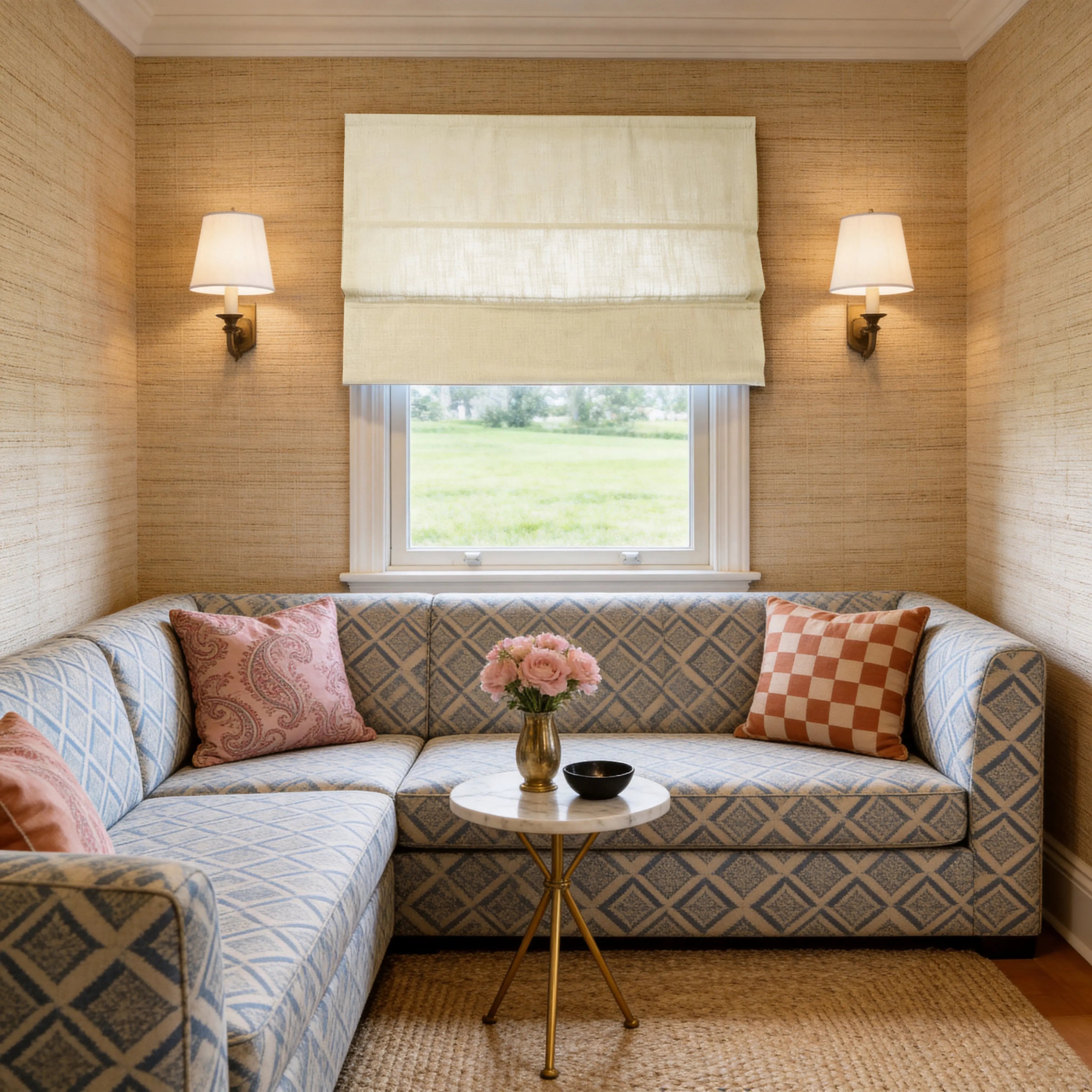 View Tailor Lemon Wooden-Headrail Blackout CordLess Linen Roman Shade Flat Fold Sand Beige 1908-3