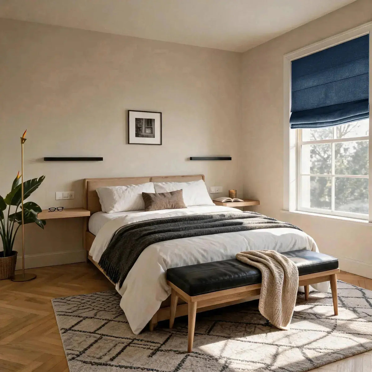 View Tailor Lemon Custom Poly-Linen Motorization Roman Shade Flat Fold Navy Blue 1908-36