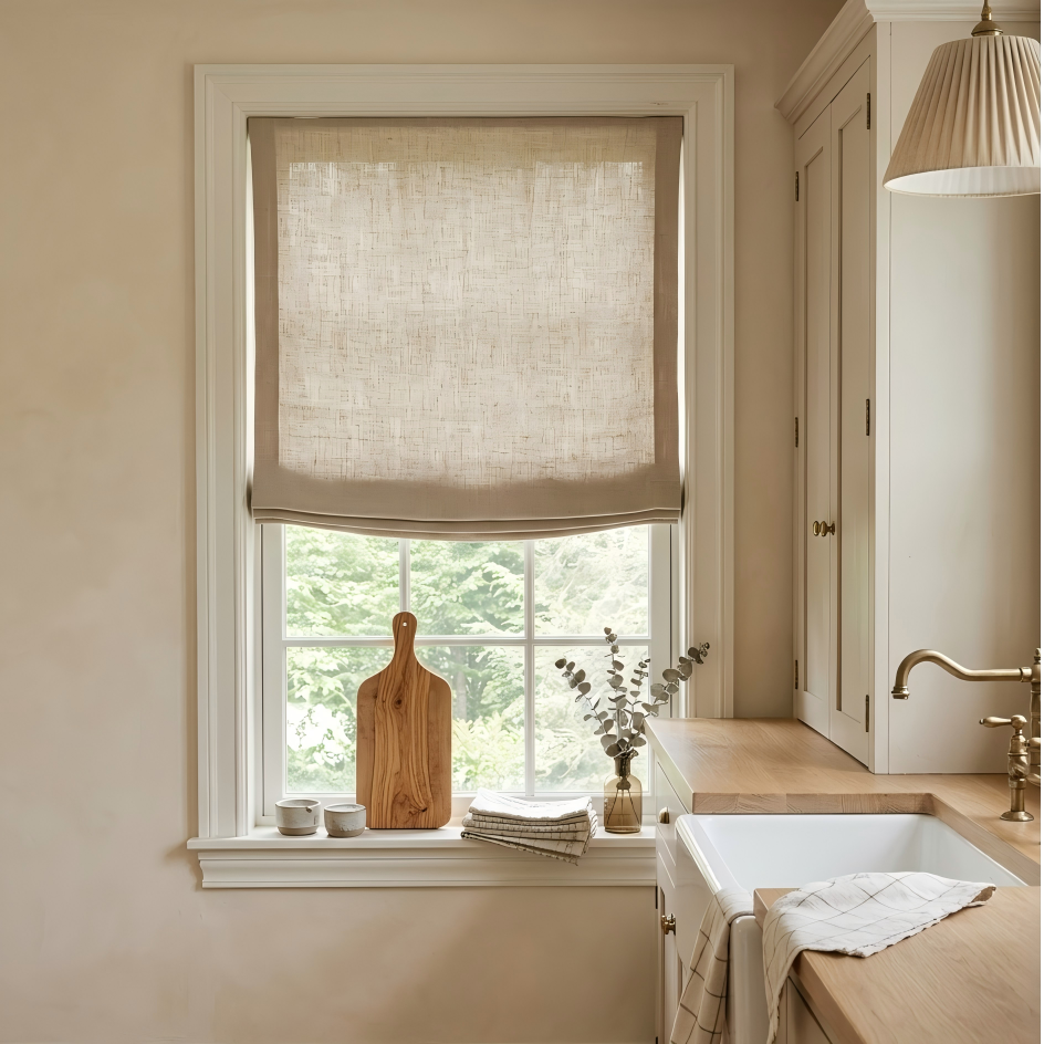 View Tailor Lemon Wooden-Headrail Blackout CordLess Linen Roman Shade Flat Fold