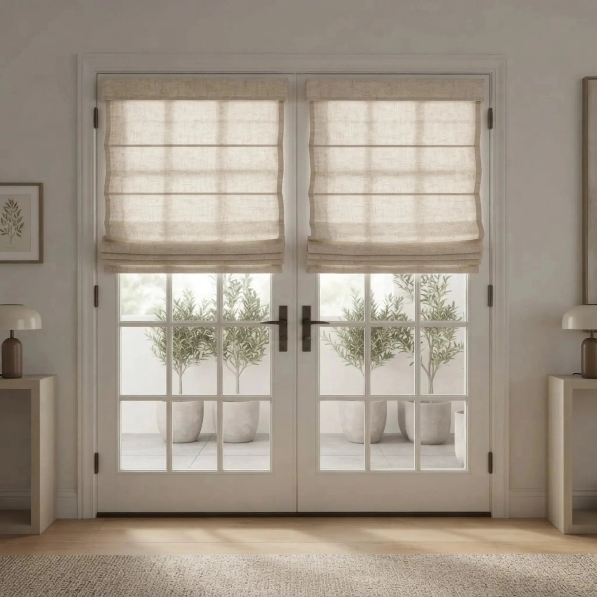 Lemon Blackout Cordless Natural Linen Roman Shade & Blinds for French Door View Tailor