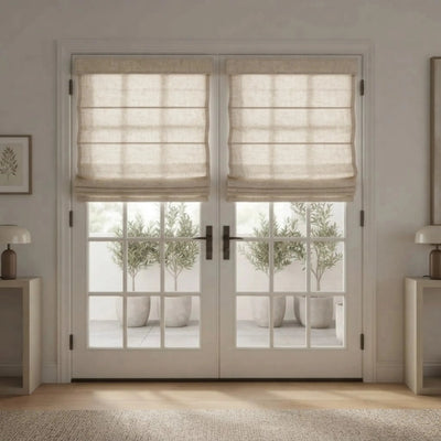 View Tailor Breeze Custom Cotton Blend Blackout Cordless Roman Shade French Door
