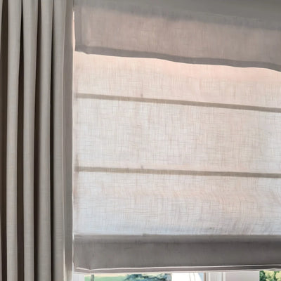 Lemon Alum-Headrail Blackout CordLess  Linen Roman Shade Flat Fold View Tailor