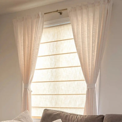 View Tailor Jasmine Custom Natural Linen Blackout Cordless Roman Shade Plain Fold