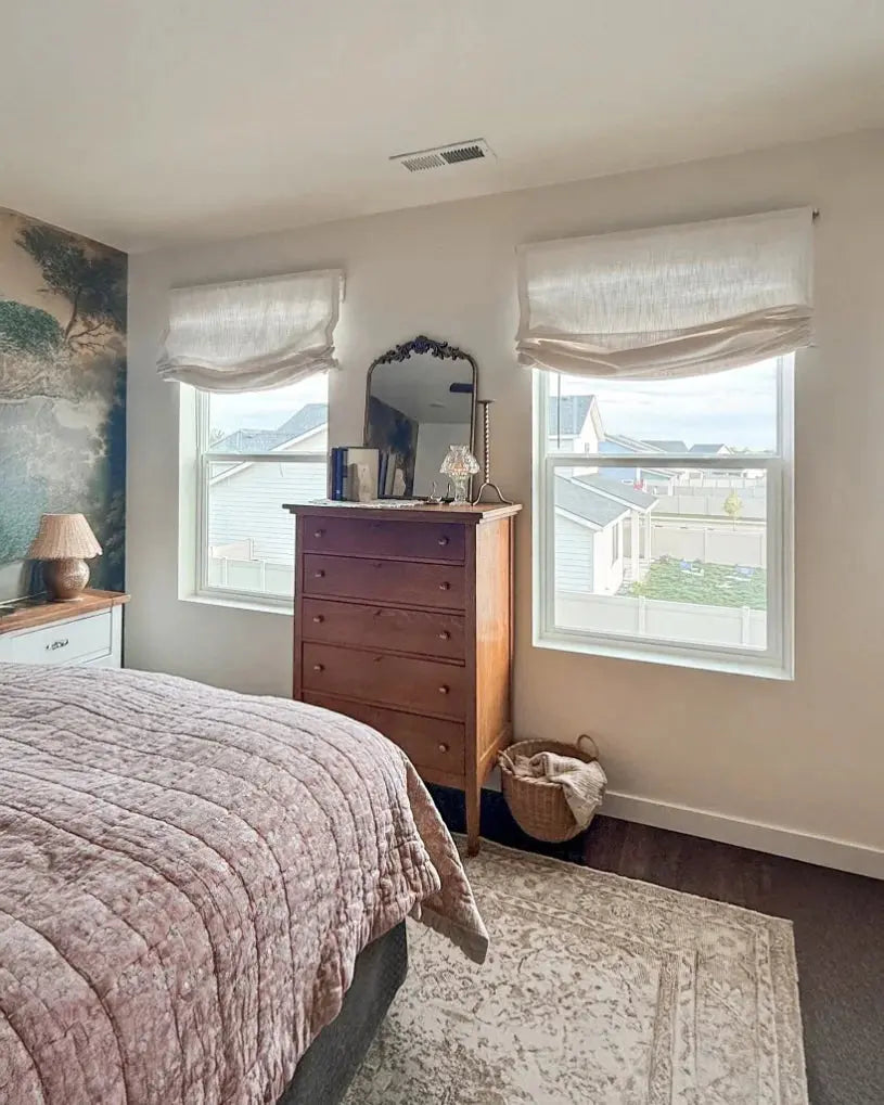 View Tailor Lemon Custom Poly-Linen Wooden-Headrail Cordless Roman Shade Relaxed Fold