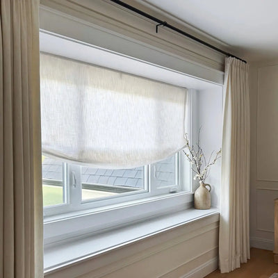 View Tailor Lemon Custom Poly-Linen Wooden-Headrail Cordless Roman Shade Relaxed Fold