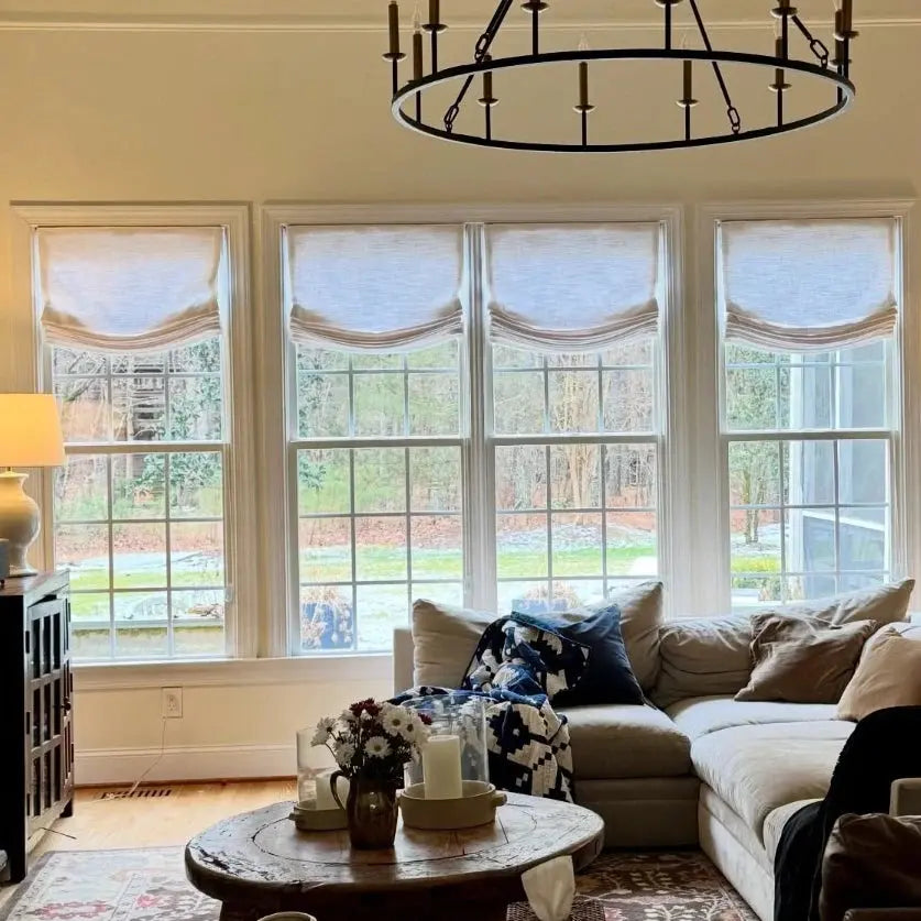 View Tailor Lemon Custom Poly-Linen Wooden-Headrail Cordless Roman Shade Relaxed Fold