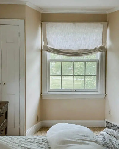 View Tailor Breeze Custom Linen Blend Blackout Cordless Roman Shade Relaxed Fold