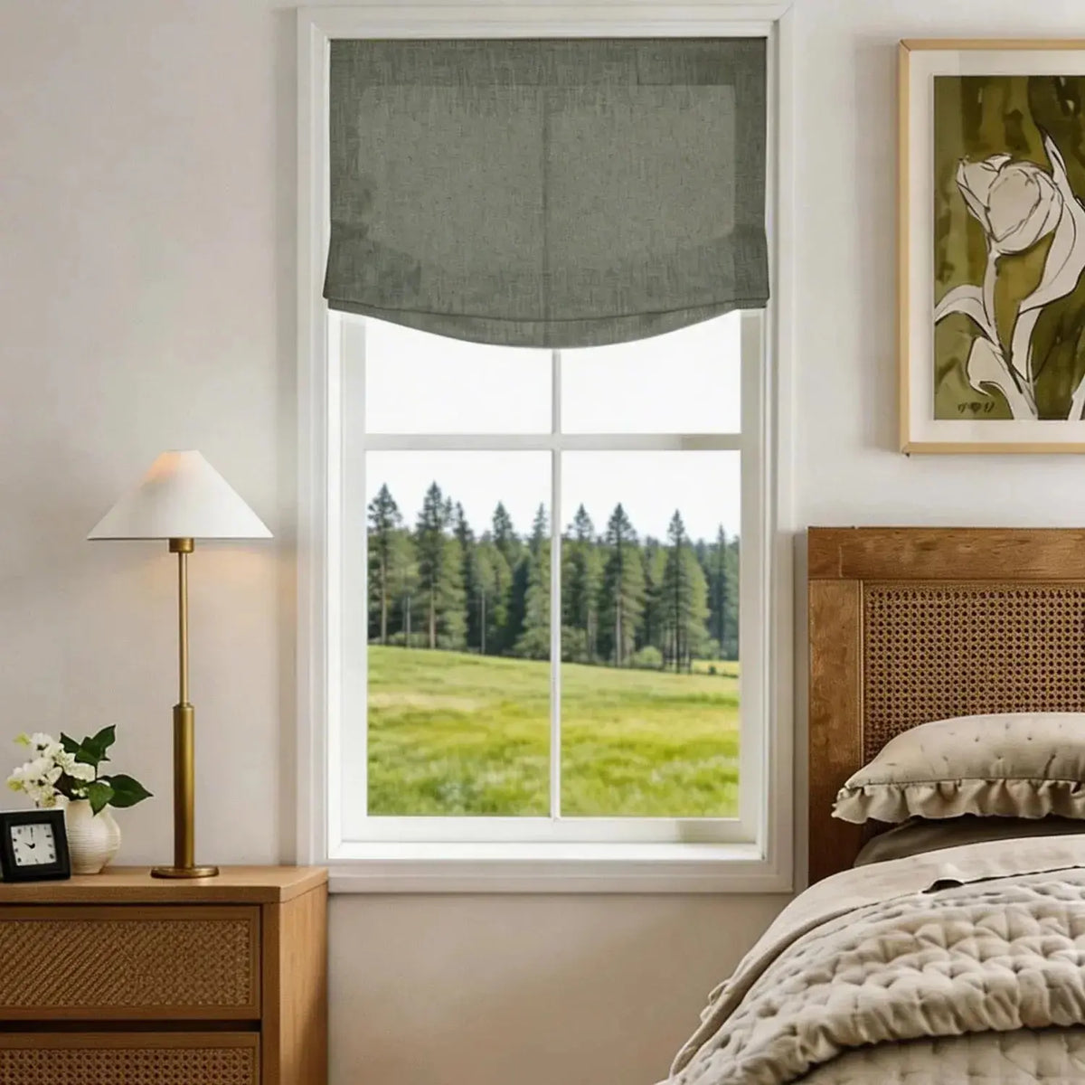 View Tailor Lemon Custom Poly-Linen Wooden-Headrail Cordless Roman Shade Relaxed Fold Sepia Ebony 1908-14