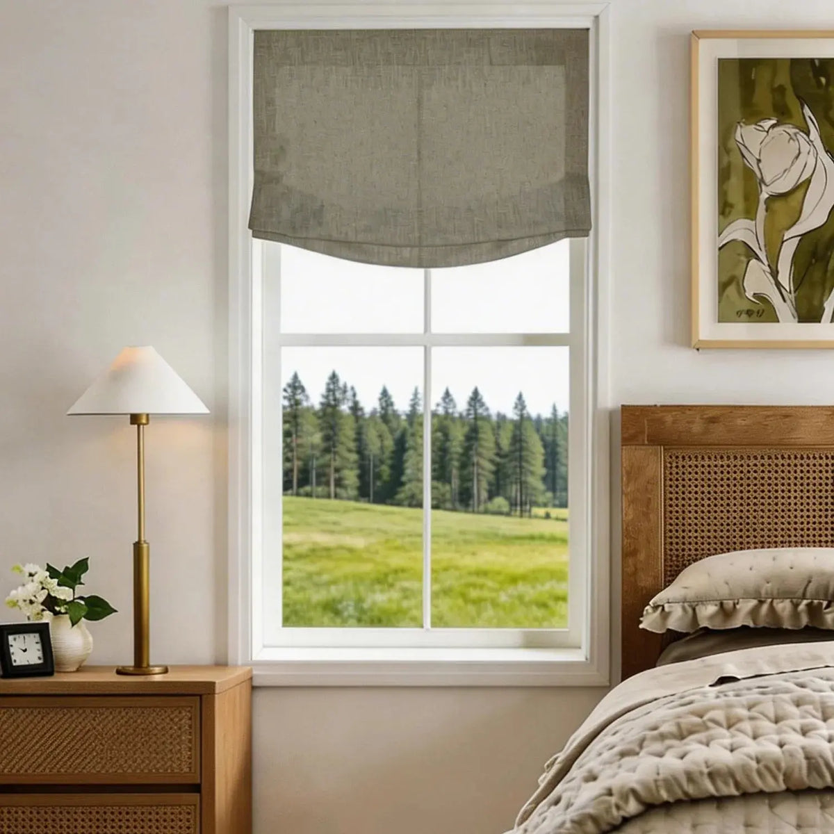 View Tailor Lemon Custom Poly-Linen Wooden-Headrail Cordless Roman Shade Relaxed Fold Pure Cashmere Light Grer 1908-15
